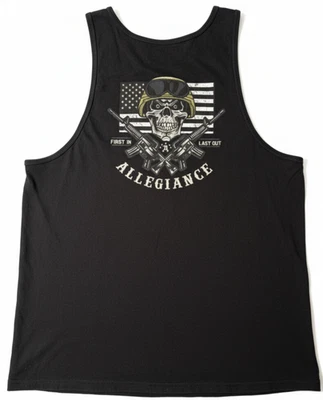 CAMISETA SIN MANGAS PARA HOMBRE: Allegiance First In Last Out Hecha en EE. UU. Patriot Skull Grunt GRANDE Foto 1 de 3