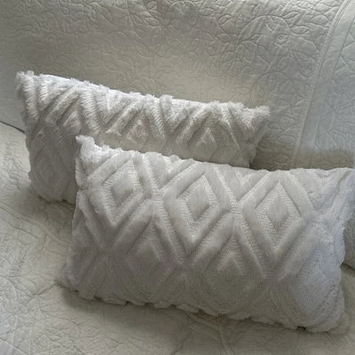 Soft Faux Fur Throw 2Pillows Wcover 12x20 - Plush Short 12 x 20-Inch Cream White - Image 1 of 4