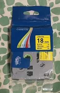 Label Tape Cassette 18mm Black on Yellow Laminated for Label Makers - Picture 1 of 2