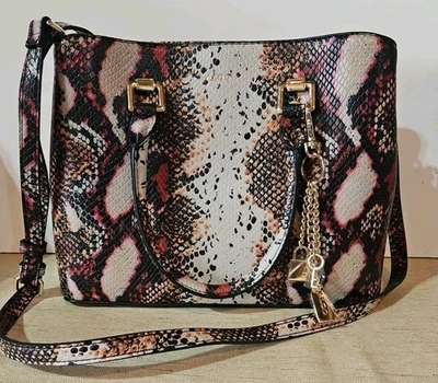 Aldo Snakeskin Effect Tote Handbag With Crossbody Strap Cream, Red Brown - Image 1 of 4
