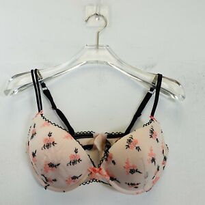 NEW ADORE ME Coral Black Push Up Bra 34D MEDIUM Floral Padded Lace Sheer Bow