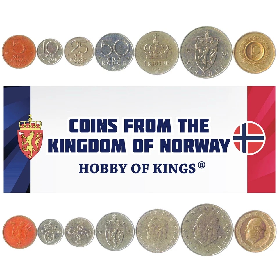 Norwegian 7 Coin Set 5 10 25 50 Øre 1 5 10 Kroner | Norway | 1973 - 1991 - Image 1 of 3