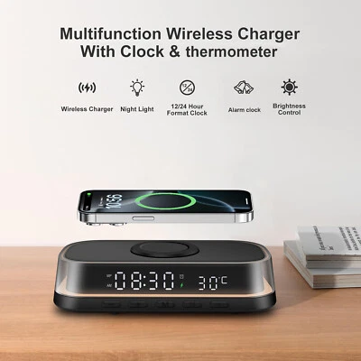 LED Thermometer Wireless Charger Digital Alarm Clock For iPhone 16 Samsung S25+ - Image 1 of 4