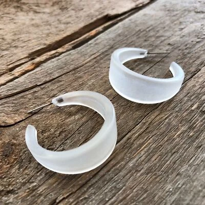 Clear Large Marilyn Tapered Vintage Frosted Lucite Hoop Earrings - Image 1 of 4