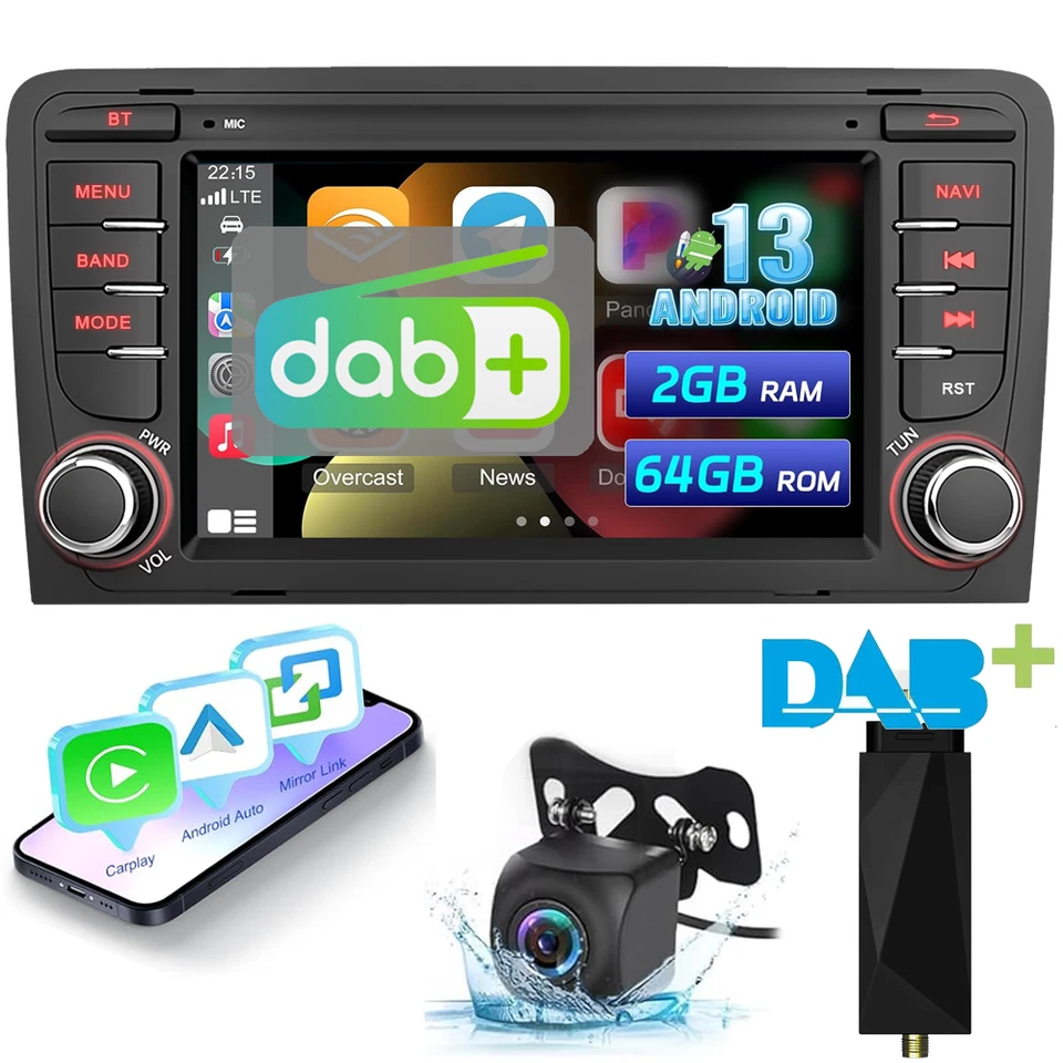 DAB+2Din 64GB Android 13 CarPlay GPS Navi Autoradio+CAM Für Audi A3 2003-2012 S3 - Bild 1 von 4