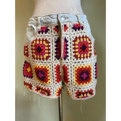 Pantalones Cortos Denim Crochet Granny Corte Cuadrado 13 31 Boho Whimsi Fairy Y2K Patchwork Foto 1 de 4
