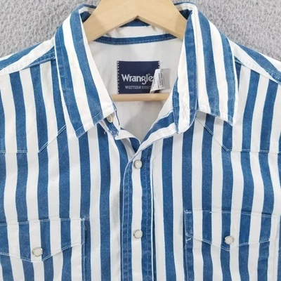 VTG Wrangler Pearl Snap Brushpopper Shirt Large 16.5 Blue White Cowboy Rodeo - Image 1 of 4