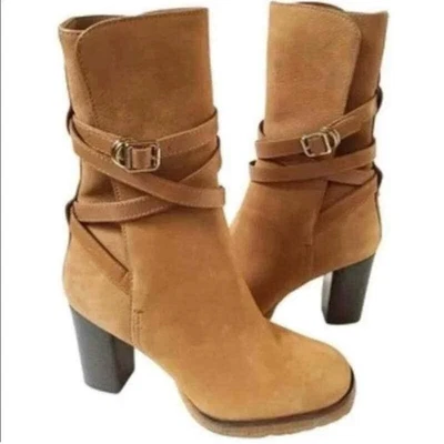 Tory Burch Tan Jamie Vicuña Gamuza Tacón Medio Pantorrilla Botas Mujer 9 Hebillas Moto Foto 1 de 4