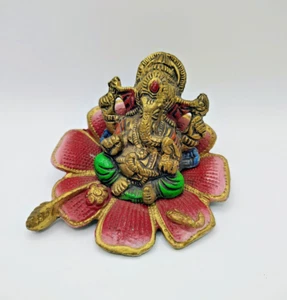 Ganesha sitzend auf Lotusblume Metall Vintage Weisheit Viel Glück Gott religiös - Bild 1 von 10