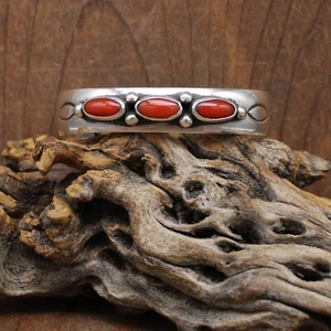 Elegant Sterling Silver Three Stone Coral Cuff Bracelet - Picture 1 of 5