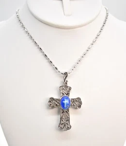 27" Signed Silver-T Filigree & Blue Dichroic Glass Cross Pendant Chain Necklace - Picture 1 of 4