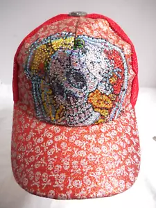 Don Ed Hardy Designs rot Mesh Trucker Snapback Cap Perlen Totenkopf/Skelett Crossbone - Bild 1 von 12