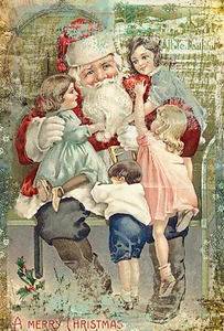 Set of TWO 5x7 Victorian Santa CHRISTMAS WISHES Cotton Craft Fabric Blocks - Picture 1 of 1