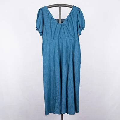 100% Cotton Puff Sleeve Chambray Denim Dress XXL Prairie Western Cottage Cowgirl - Image 1 of 4