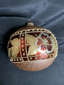 Vintage Hand Painted Hand Blown Glass Ornament Floral Jeweled Glitter Accent 4" - Picture 1 of 12