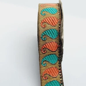 30mm Coral, Mint & gold jacquard embroidered velvet ribbon applique trimming - Picture 1 of 1