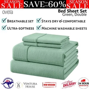 Ovela 150GSM Cotton Flannelette Bed Sheet Set Green Double Size Pillowcase Cover - Picture 1 of 12