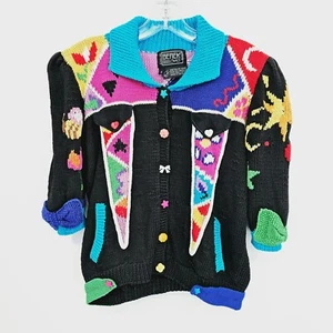 Suéter Cárdigan Berek Vintage Años 80 S Negro Tejido a Mano Algodón Pima Colorido Funky - Imagen 1 de 15