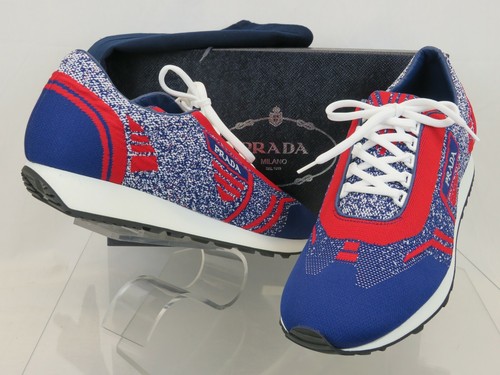 SCARPE DA GINNASTICA PRADA 2EG272 NUOVE CON SCATOLA TESSUTO ROSSO BLU LAVORATO A MAGLIA LOGO 9 US 10