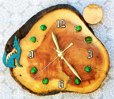 Coyote w/ Moon and Turquoise Stones Log Cabin Style 8.5" x 7.5" x 2" Rustic Clok - Image 1 of 4