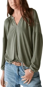NUEVO CON ETIQUETAS $69 Lucky Brand Manga Larga Cuello Muescas Polvoriento Oliva Top Grande - Imagen 1 de 10