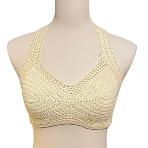 Boho Festival Hippie Crochet Swim Top Bra Summer Halter Top Ivory Size Small - Picture 1 of 7