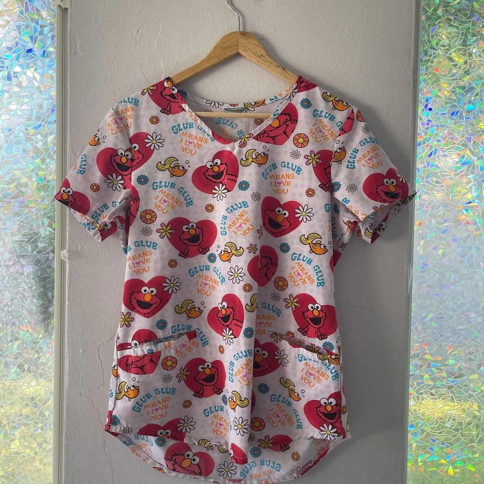 Elmo Heart Glub Glub Means I Love You Medical Scrub Top Estimated M - Image 1 of 3