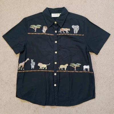 Camisa Vintage Grama Limão Botão Frontal Bordada Animais Safari Preta Tamanho M - Imagem 1 de 4