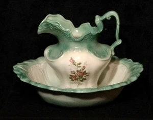 Vintage Arnels Porcelain Water Pitcher And Basin Set White/Green With Flowers - Picture 1 of 2