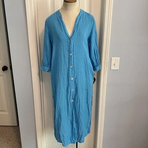 ZARA XS Blue 100% Linen Button Down Midi Dress ~ Lagenlook Coastal Beach - Picture 1 of 8