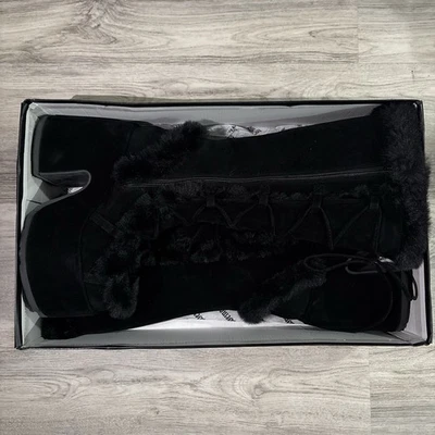 DEMONIA CAMEL-311 Faux Fur 5" Chunky Heel Platform Black Knee High Womens Boots - Image 1 of 4