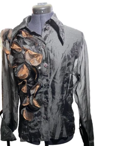 Mille K Blouse Women Small Black Mesh Frosted Gold Ruffle Button Up Double Cuff - Picture 1 of 14