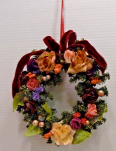 VTG Victorian Floral 8” Rose Wreath Burgundy Ribbon - Picture 1 of 4
