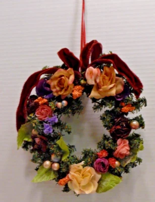 VTG Victorian Floral 8” Rose Wreath Burgundy Ribbon - Image 1 of 4