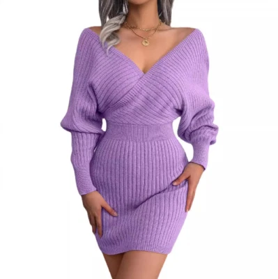 Sexy cross V-neck bat skirt, hip hugging dress, woolen dress - Image 1 of 4
