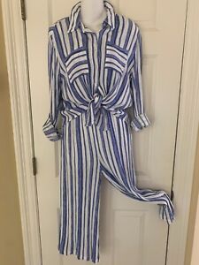 Chico's Blue White Striped Jumpsuit Tie Front Shirt Outfit 2 PC Set 0 Small