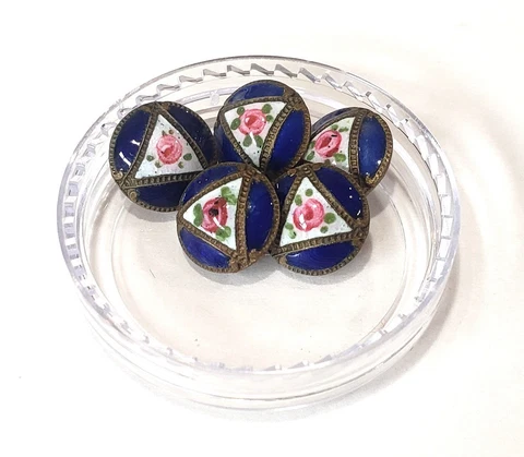 Set of 5 TINY Dimi Antique Enamel Buttons-Only 5/16" Cover