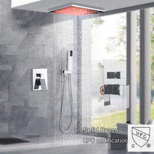 Chrome Shower Faucet Set 12" LED Rainfall Shower Combo Vavle Ceiling Mount Mixer