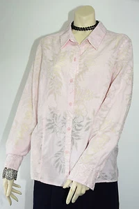 Blusa Camisa Top Rosa Manga Larga Abotonada Floral Acento Plateado Transparente Talla Grande - Imagen 1 de 5