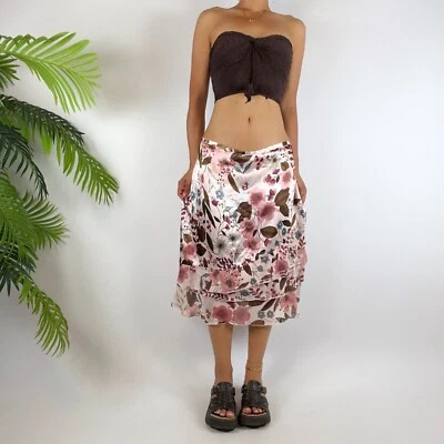 Vintage Y2K Pink Satin Floral Low Rise Fairycore Boho Midi Skirt / Size: S - Image 1 of 4