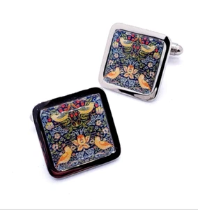 Handmade WILLIAM MORRIS STRAWBERRY THIEF CUFFLINKS chrome GIFT BOXED art - Picture 1 of 1