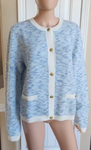 J. Cárdigan suéter tejido para dama retro azul/marfil jaspeado Crew para mujer XL - Imagen 1 de 7