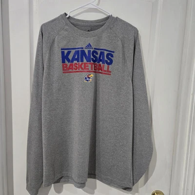 Kansas Basketball KU Adidas  Long Sleeve Gray Shirt Sz Lg Chest 44 Length 29 - Image 1 of 4