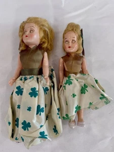 Lot of 2 Vintage Hard Plastic Dolls Sleep Eyes Shamrock Skirts 1950s-1960s - Picture 1 of 7