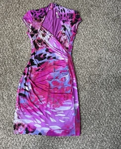 Abito Bodycon Vintage Y2K Cache Elasticizzato Increspato Taglia 6 Viola Stampe Animalier Anni 90 Sexy - Foto 1 di 6
