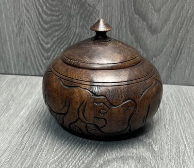 Hand Carved Wooden Lidded Bowl Jar Elephant Motif Trinket Box Rustic Decor Art - Image 1 of 4
