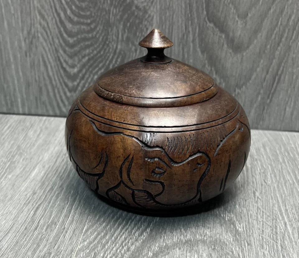 Hand Carved Wooden Lidded Bowl Jar Elephant Motif Trinket Box Rustic Decor Art - Image 1 of 4