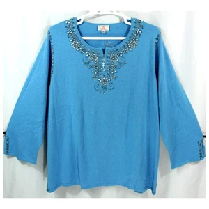 Quacker Factory Beaded Zip Front Sweater Top Tunic Blue 3X Whimsy Coastal Granny - Picture 1 of 9