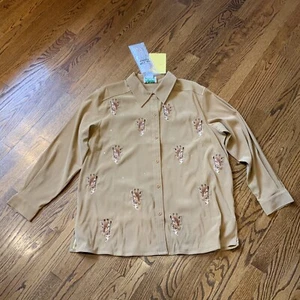 Quacker Factory Top Womens 1X Tan Giraffe Button Down Embroidered Beaded Safari - Picture 1 of 14