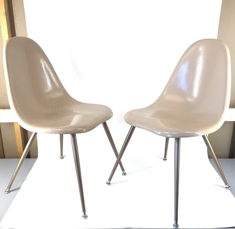 Pair of Mid Century Modern Chromcraft Eames Style Fiberglass Shell Chairs Cream Cover